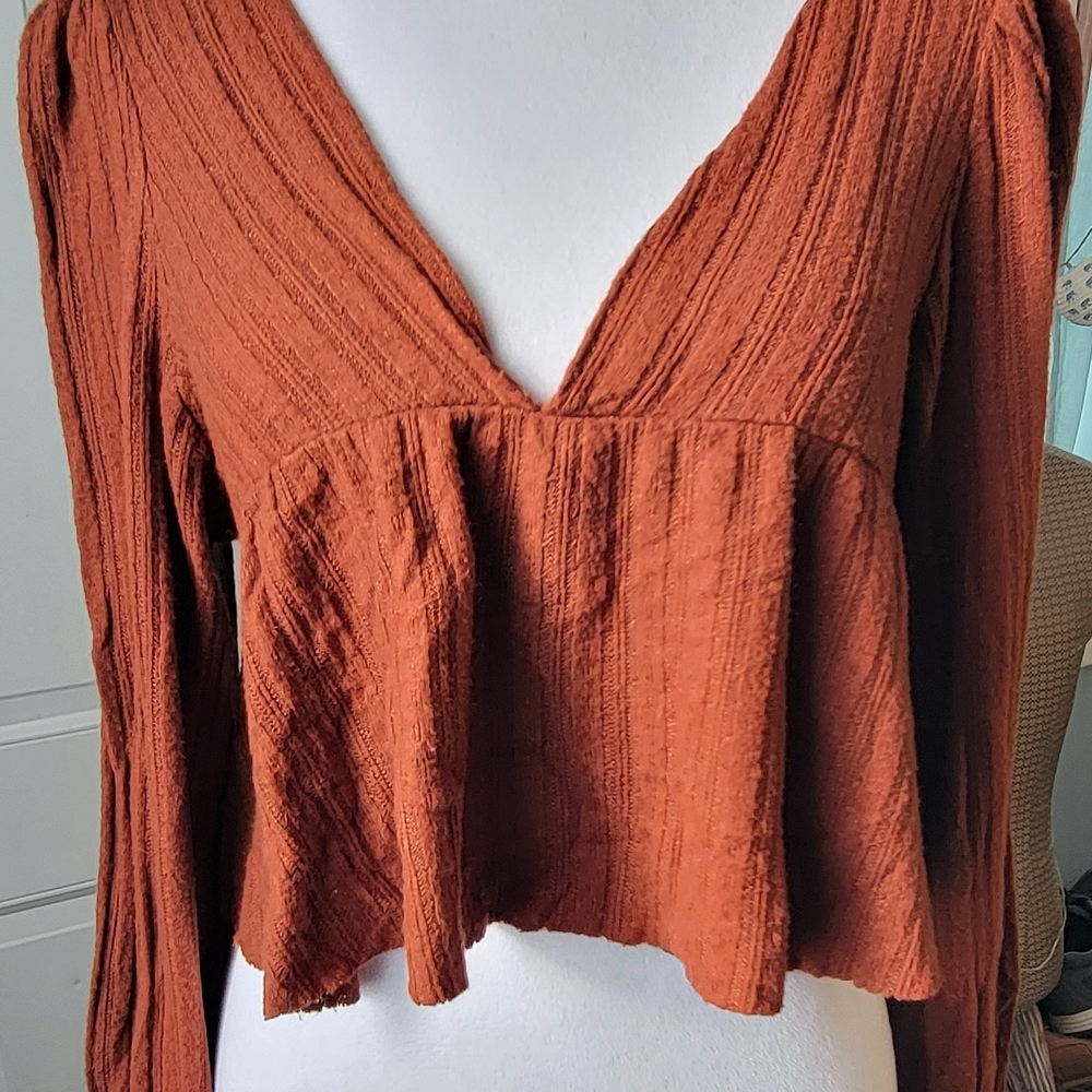 Urban Outfitters Prairie Ribbed Babydoll Top Womens S Teracotta Cropped Boho - Picture 2 of 11